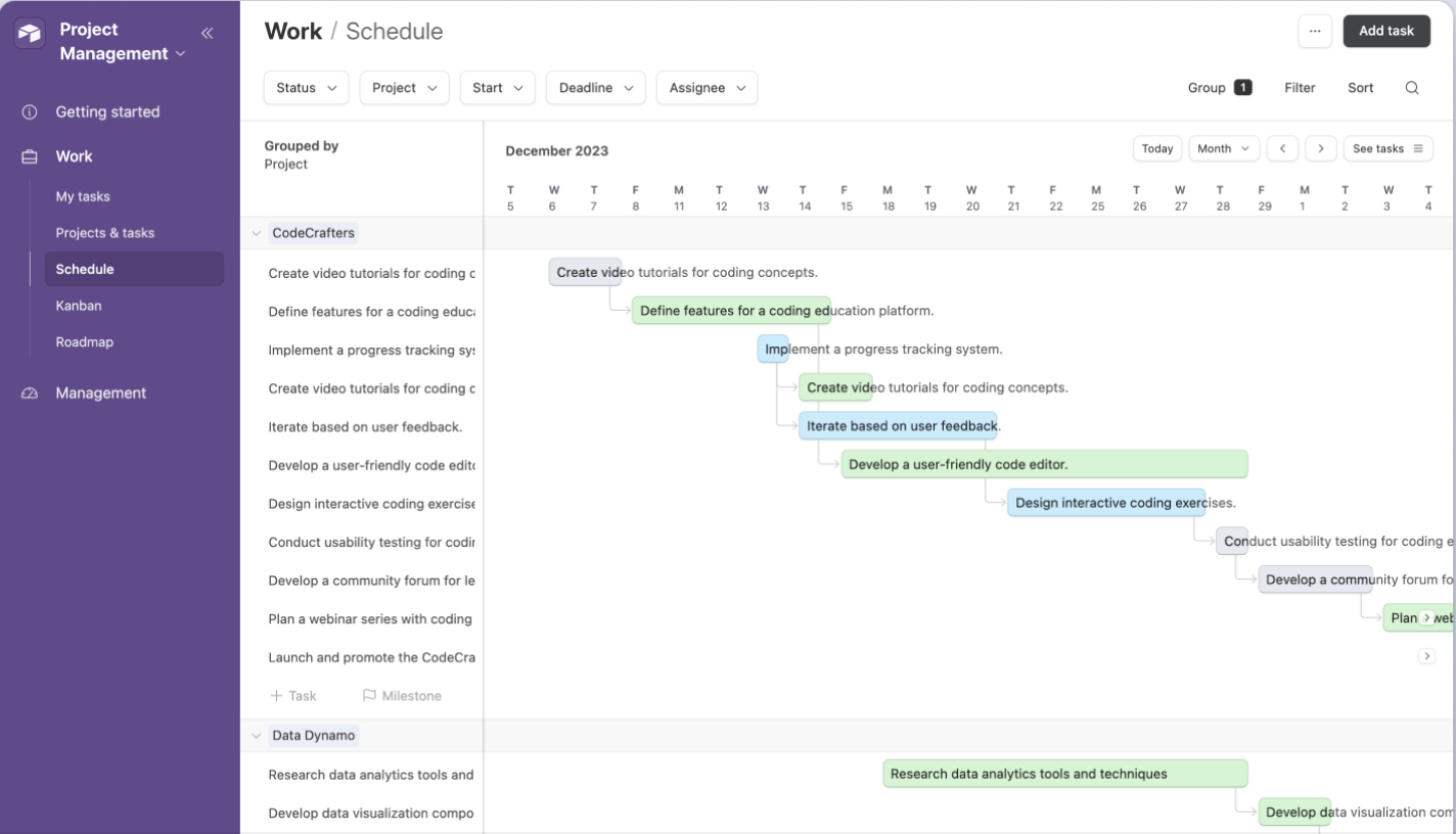 Airtable project management workspace showing a connected project schedule